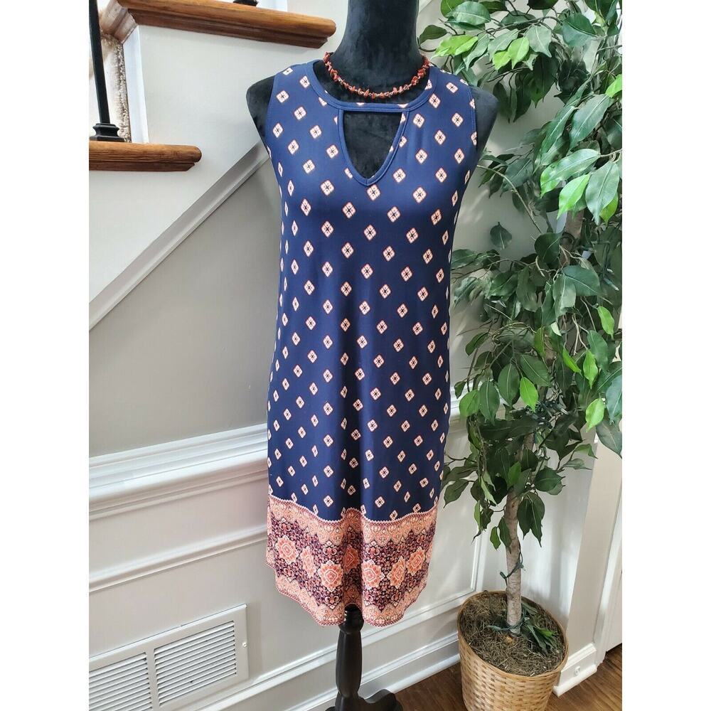 Nine Britton Women Blue Polyester Sleeveless Round Neck Knee Length Dress Size L